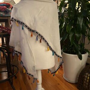 Chic White Scarf with Colorful Tassel Details